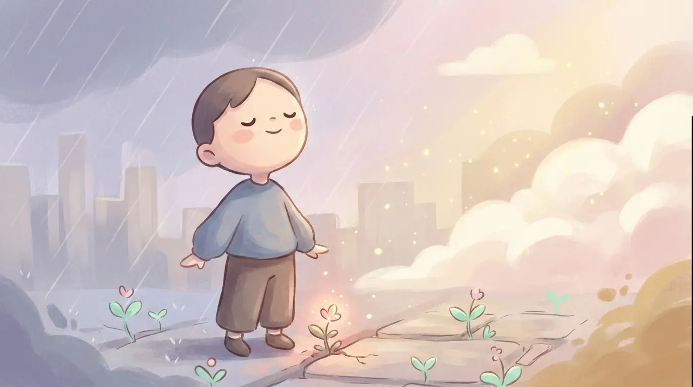 Ilustración de un niño entre la lluvia y el sol con pequeñas flores brotando del suelo