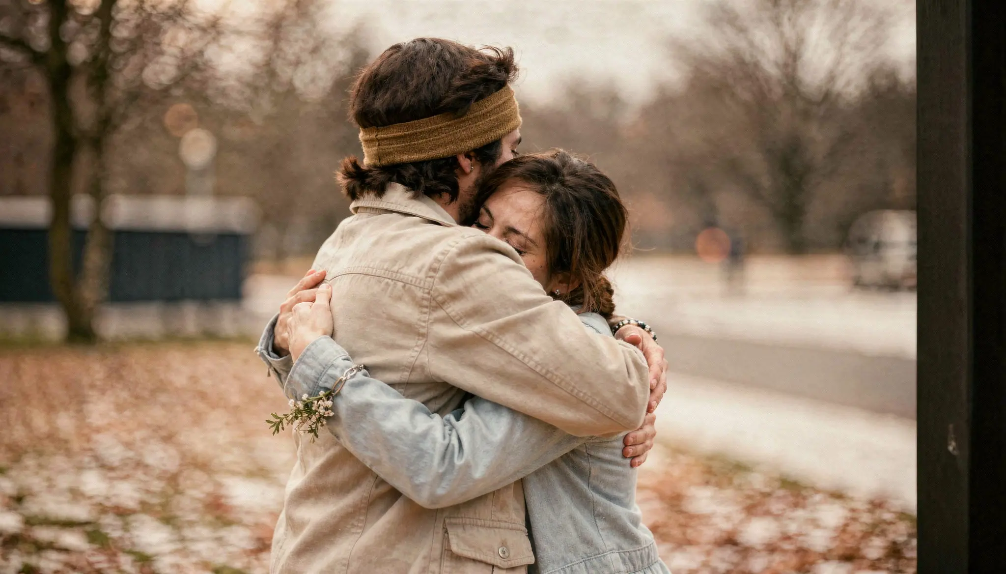 Pareja abrazándose en un parque con tonos cálidos de otoño
